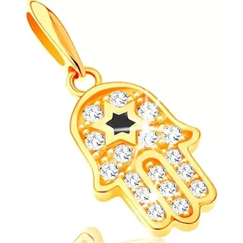 Přívěsek Přívěsek ze žlutého 14K zlata - symbol Hamsa s čirými zirkony a černou hvězdou