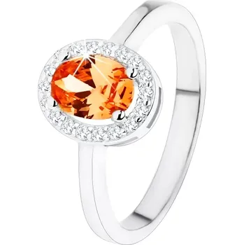 Prsten Stříbrný prsten 925, oranžový oválný zirkon, čirý blyštivý lem - Velikost: 56