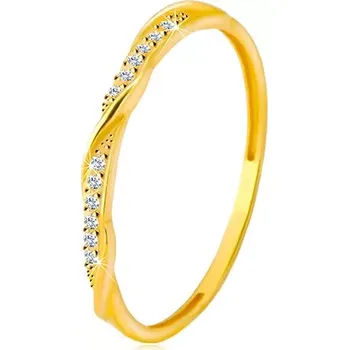 Prsten Prsten ze žlutého 14K zlata - čirá zirkonová kontura protkaná lesklou a hladkou linií - Velikost: 48