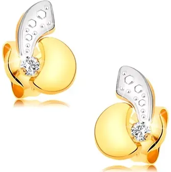 Náušnice Náušnice ze 14K zlata - asymetrické dvoubarevné obloučky a blýskavý čirý diamant
