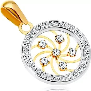 Přívěsek Zlatý přívěsek 585 - lesklá spirála a čiré zirkony v kroužku z bílého zlata