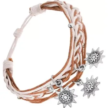 Náramek Pletený náramek, šňůrky, světle hnědá a bílá, ocelové přívěsky - sluníčka