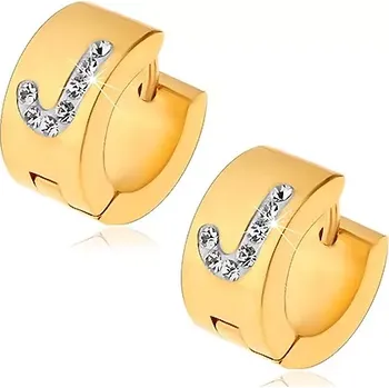 Náušnice Kloubové náušnice z oceli 316L zlaté barvy, bílé písmeno J s čirými zirkonky