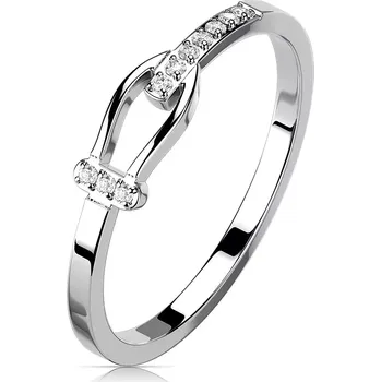 Prsten Prsten z oceli 316L ve stříbrné barvě - pásek se sponou a čirými zirkony - Velikost: 52