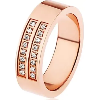 Prsten Lesklý ocelový prsten měděné barvy, dvě linie čirých zirkonů - Velikost: 67