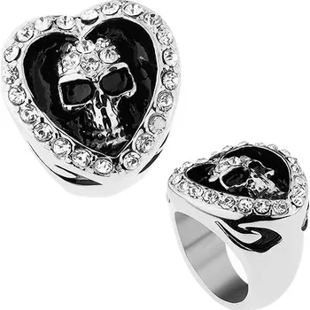Prsten Prsten z chirurgické oceli, srdce zdobené čirými zirkony, patinovaná lebka - Velikost: 64