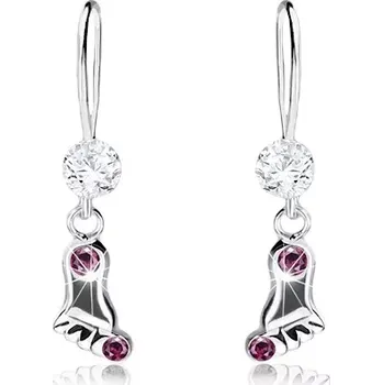 Náušnice Náušnice ze stříbra 925, lesklý otisk chodidla s krystaly fialové barvy