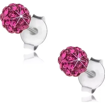 Náušnice Stříbrné 925 náušnice, kuličky s krystalky Preciosa, fuchsiový odstín, 4 mm