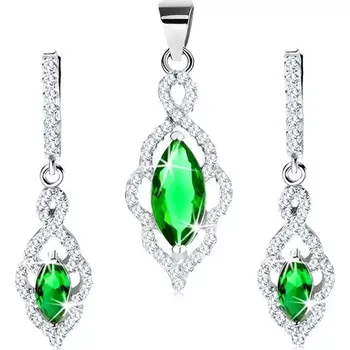 Souprava šperků Stříbrný set 925 - náušnice a přívěsek, obrys lístku se zeleným zirkonem