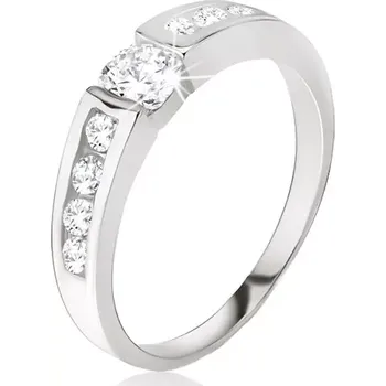 Prsten Stříbrný prsten 925 - čirý zirkon v kotlíku, drobné kamínky na ramenech - Velikost: 50