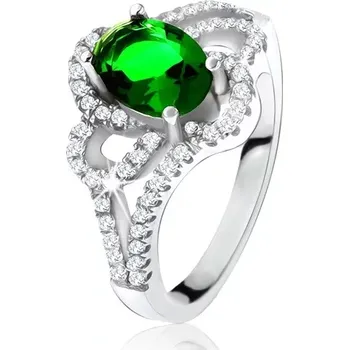 Prsten Stříbrný prsten, šikmý oválný zelený zirkon, zaoblené linie, čiré kamínky - Velikost: 57