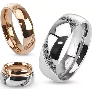 Prsten Obroučka z oceli, dvě oblé rýhy se zasazenými kamínky - Velikost: 67