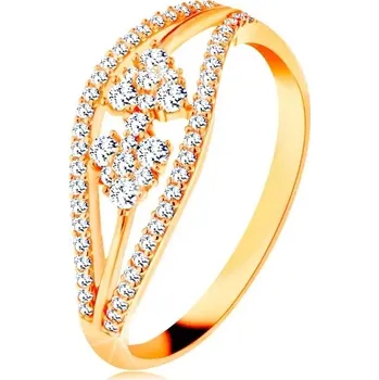 Prsten Prsten ze žlutého 14K zlata - zvlněné třpytivé linie a mašlička ze zirkonů - Velikost: 52