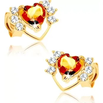 Náušnice Zlaté náušnice 14K srdce s obloučky z citrínu a kubických zirkonů