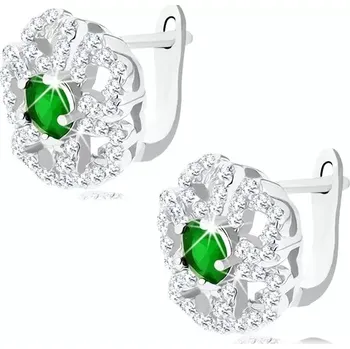 Náušnice Stříbrné 925 náušnice, třpytivý zirkonový kvítek se zeleným středem