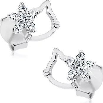 Náušnice Stříbrné náušnice 925, kontura hlavy kočky a čirý zirkonový kvítek