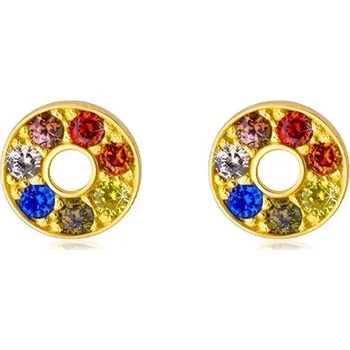 Náušnice Lesklé zlaté náušnice 585 - kontura kruhu s barevnými zirkony a výřezem uprostřed