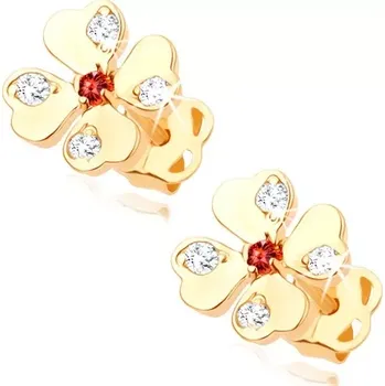 Náušnice Zlaté náušnice 14K čtyřlístek s červenými a čirými zirkony