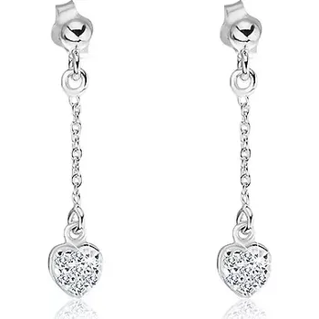 Náušnice Stříbrné puzetové náušničky 925 - zirkonová srdíčka na řetízku