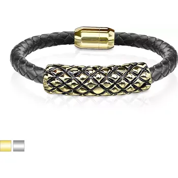 Náramek Černý kožený náramek - váleček se šupinkami s černou patinou, magnetické zapínání - Barva: Zlatá