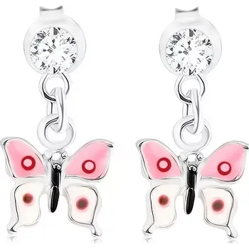 Náušnice Puzetové náušnice ze stříbra 925, motýl zdobený růžovo-bílou glazurou