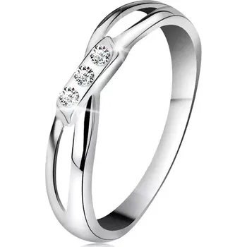 Prsten Zlatý 14K prsten - tři kulaté diamanty čiré barvy, rozdělená ramena, bílé zlato - Velikost: 49