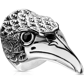 Prsten Ocelový prsten, mohutná hlava orla - černé zirkony, rýhované patinované peří - Velikost: 65