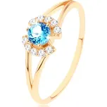 Prsten ve žlutém 14K zlatě - čiré zirkonové obloučky, kulatý modrý topas - Velikost: 49