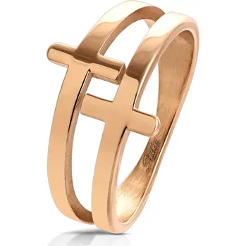 Prsten Prsten z chirurgické oceli měděné barvy, lesklý zdvojený kříž - Velikost: 60