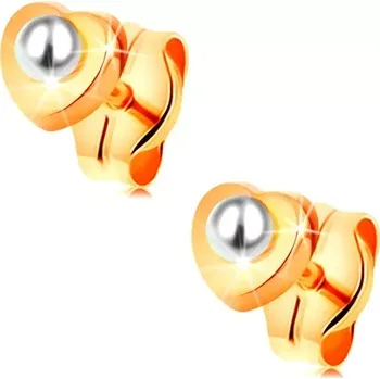 Náušnice Zlaté 14K náušnice - lesklé srdíčko, kulatá bílá perlička uprostřed