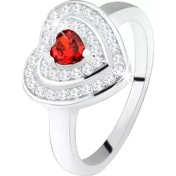 Prsten Prsten s červeným zirkonovým srdíčkem, čiré zirkony - obrysy srdcí, stříbro 925 - Velikost: 52
