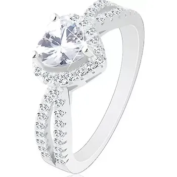 Prsten Stříbrný prsten 925, blýskavé zirkonové srdce, rozdvojená čirá ramena - Velikost: 61