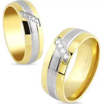 Prsten Prsten z oceli, linie zlaté a stříbrné barvy, šikmý pásek čirých zirkonů, 8 mm - Velikost: 70