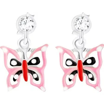 Náušnice Puzetové náušnice - stříbro 925, glazovaný růžovo-černo-červený motýl