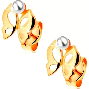 Náušnice Náušnice ve žlutém 14K zlatě - lesklý vyřezávaný motýlek, perlička bílé barvy