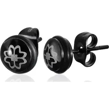 Náušnice Černé puzetové náušnice z oceli 316L, čtyřlístek stříbrné barvy