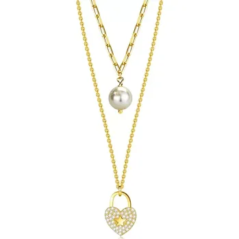 Náhrdelník Stříbrný náhrdelník 925 - zlatá barva, bílá syntetická perla, řetízek ve tvaru srdce, čiré zirkony