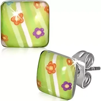 Náušnice Čtvercové ocelové náušnice - zelené s květinkami a pruhy