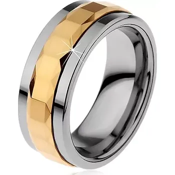 Prsten Prsten z wolframu, stříbrná a zlatá barva, otáčivý středový pás se čtverci, 8 mm - Velikost: 62