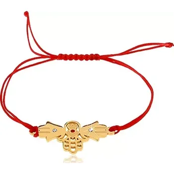 Náramek Šňůrkový náramek v červeném odstínu, tři spojené ruce Fatimy, čiré zirkony