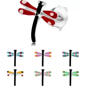 Náušnice Náušnice ze stříbra 925, černá vážka s barevnými křídly, glazura - Barva: Zelená