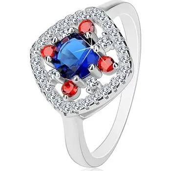 Prsten Stříbrný prsten 925, tmavě modrý střed, čiré a červené zirkonky - Velikost: 64