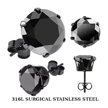 Náušnice Černé puzetové náušnice z oceli - černý zirkon v kotlíku - Velikost zirkonu: 5 mm, Barva: Černá