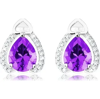 Náušnice Náušnice ze stříbra 925, fialový slzičkovitý zirkon, třpytivé linie, obrys srdíčka