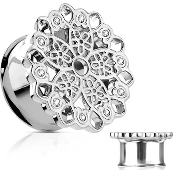 Piercing Ocelový tunel do ucha, vyřezávaný filigránový květ, čiré zirkony - Tloušťka : 12 mm