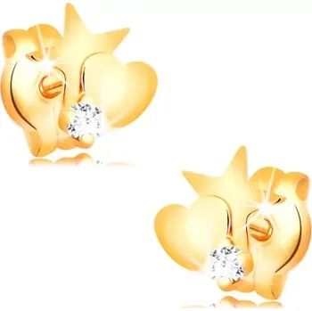 Náušnice Zlaté diamantové náušnice 585 - hvězda a srdce, kulatý čirý briliant