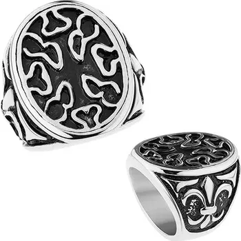 Prsten Patinovaný ocelový prsten, ovál s nepravidelnými výřezy, Fleur de Lis - Velikost: 61