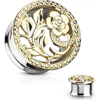 Piercing Sedlový tunel do ucha z chirurgické oceli, vyřezávaný květ, čirý zirkon, zlatá barva - Tloušťka : 14 mm