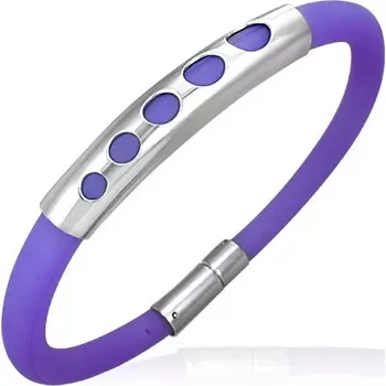 Náramek Fialový pryžový náramek - vzor pěti malých kruhů, kovový váleček