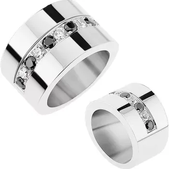 Prsten Zrcadlově lesklý prsten z oceli 316L, střídající se čiré a černé blýskavé zirkony - Velikost: 69